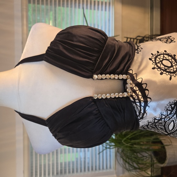 Vintage Cache Y2K Embellished Plunge Halter Paisly Satin Evening Gown Size 2 - Picture 2 of 11